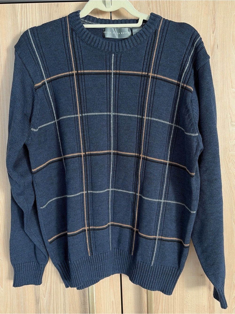 Oscar De La Renta Men’s XL Sweater Navy Blue Check Crewneck Cotton Blend